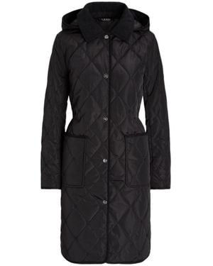 Ralph Lauren Corduroy-Trim Logo Quilted Hooded Coat - Black