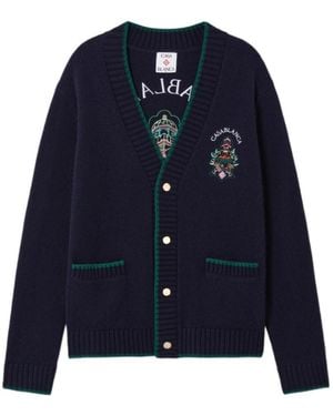 CASABLANCA Hotel Emblem Embroidered Wool Cardigan - Blue