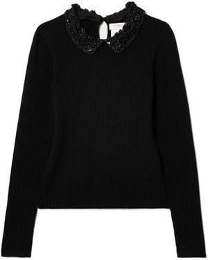 Carolina Herrera Convertible Embellished Crochet-Trimmed Ribbed Wool Jumper - Black