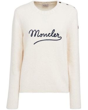 Moncler Embroidered Logo Cotton Blend Sweater - White
