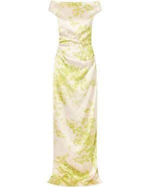 Erdem Off-The-Shoulder Pleated Floral-Print Duchesse-Satin Gown - Metallic