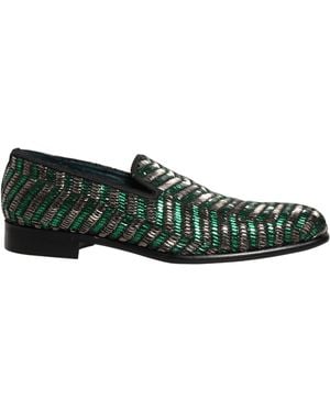 Dolce & Gabbana Silver Green Embellished Dress Loafers Shoes