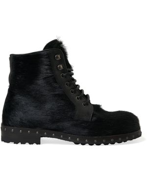 Dolce & Gabbana Pony Style Leather Mid Calf Boots Shoes - Black