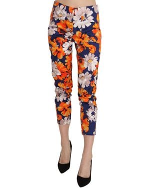 LANACAPRINA Blue Floral Print Skinny Slim Fit Pants Pants - Red