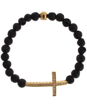 Nialaya Lava Stone Gold Clear Cz Cross 925 Silver Bracelet - Black