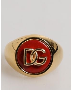 Dolce & Gabbana Gold Tone Real Brass Red Dg Logo Men Ring - Brown
