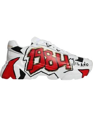 Dolce & Gabbana White Daymaster Hand Painted Trainers Shoes - Red