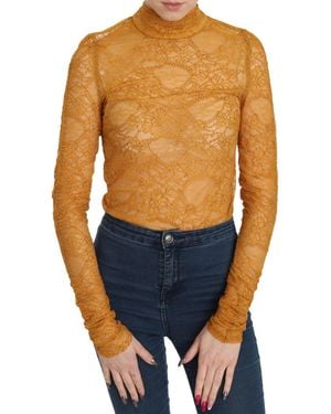 Mangano Mustard Turtle Neck Long Sleeve Lace Top Blouse - Blue