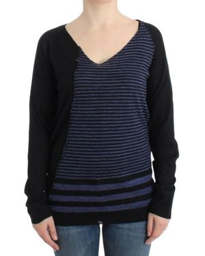 CoSTUME NATIONAL Black Striped V-neck Jumper - Blue