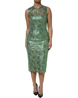Dolce & Gabbana Green Cotton Floral Lace Sheath Midi Dress