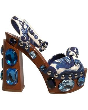 Dolce & Gabbana Multicolour Majolica Embellished Wedge Sandals Shoes - Blue