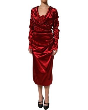 Dolce & Gabbana Silk Satin Draped Midi Floral Applique Dress Elastane - Red