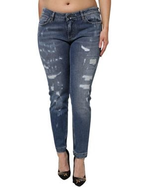 Dolce & Gabbana Blue Tattered Cotton Low Waist Denim Jeans