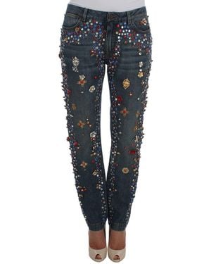 Dolce & Gabbana Crystal Roses Heart Embellished Jeans - Blue