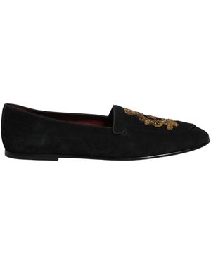 Dolce & Gabbana Black Velvet Crown Embroidery Loafers Shoes
