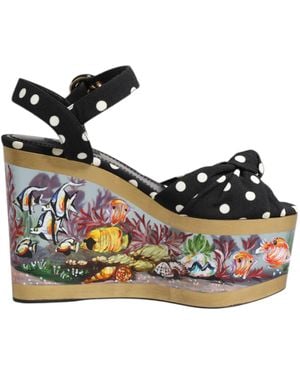 Dolce & Gabbana Multicolor Fish Polka Dot Wedge Sandals Shoes - Black