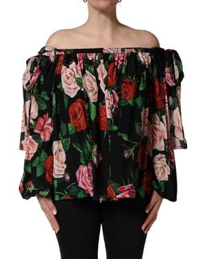 Dolce & Gabbana Black Rose Print Silk Off The Shoulder Blouse Top