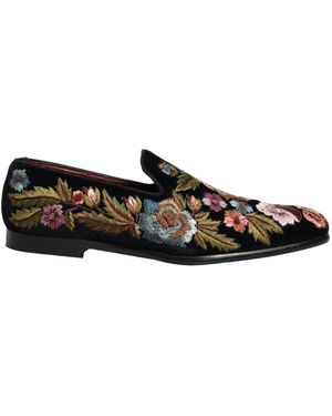 Dolce & Gabbana Black Velvet Floral Embroidery Loafers Shoes