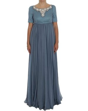 Dolce & Gabbana Silk Crystal Sheath Gown Ball Dress - Blue