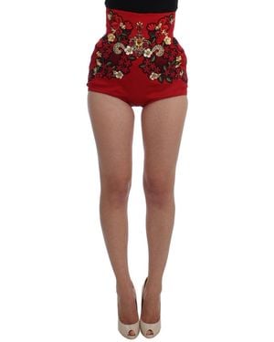 Dolce & Gabbana Silk Crystal Roses Shorts - Red