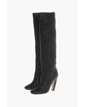 Bottega Veneta Woven Leather Canalazzo Under The Knee Boots 10cm - Black