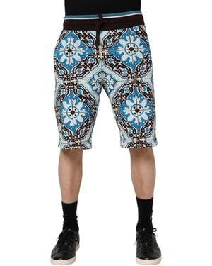 Dolce & Gabbana Multicolour Cotton Maiolica Print Bermuda Shorts - Blue