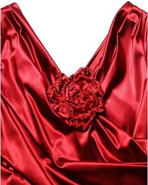 Dolce & Gabbana Red Silk Satin Draped Midi Floral Applique Dress