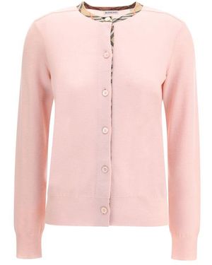 Burberry Check Collar Wool Cardigan - Pink