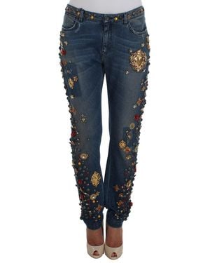 Dolce & Gabbana Crystal Roses Heart Embellished Jeans - Blue