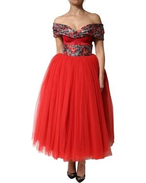 Dolce & Gabbana Floral Off Shoulder A-Line Gown Dress - Red