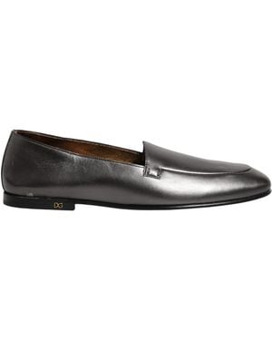 Dolce & Gabbana Silver Leather Dg Logo Slip On Loafers Shoes - Grey