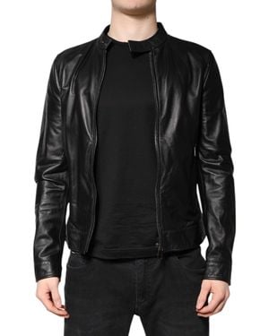 Dolce & Gabbana Sheep Leather Biker Full Zip Jacket - Black
