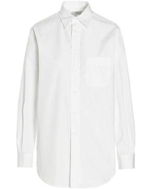 Maison Margiela Long Poplin Shirt With Curved Hem And Button Closure - White