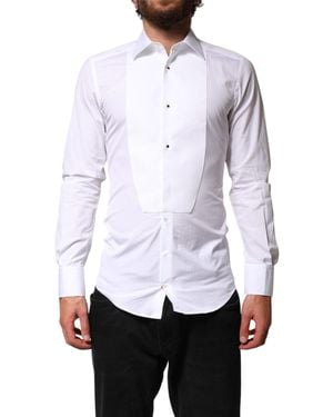 Dolce & Gabbana White Cotton Gold Collared Dress Bib Formal Shirt