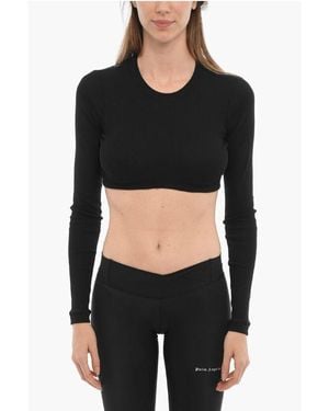 Palm Angels Long Sleeved Ribbed Cropped T-Shirt - Black