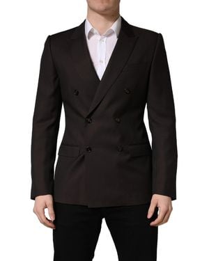 Dolce & Gabbana Dark Wool Double Breasted Suit Jacket Silk Virgin - Black