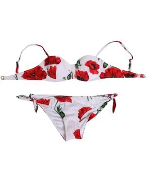 Dolce & Gabbana White Floral Swimsuit 2 Piece Top Bottom Swimwear - Red