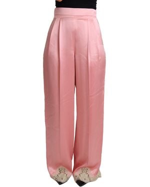 Dolce & Gabbana Lace Trimmed Silk Satin Wide Legs Trousers - Pink