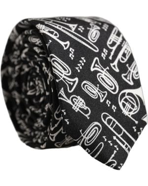 Dolce & Gabbana Black Musical Instrument Silk Adjustable Tied Necktie Tie