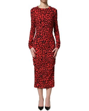 Dolce & Gabbana Red Leopard Print Long Sleeves Midi Dress