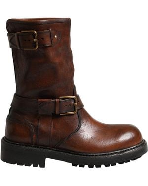 Dolce & Gabbana Brown Leather Mid Calf Biker Boots Shoes