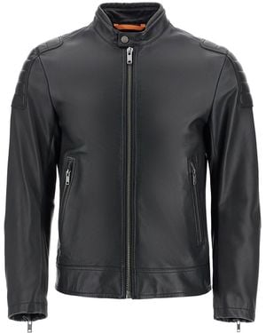 BOSS Leather Jacket With High Collar And Quilted Details - Black