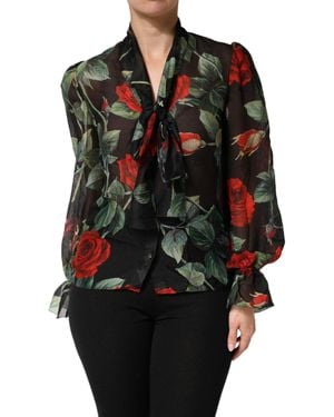 Dolce & Gabbana Black Floral Long Sleeves Silk Blouse Top