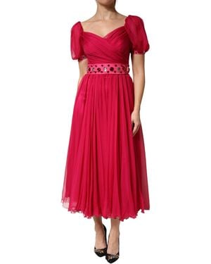 Dolce & Gabbana Silk Embellished A-Line Midi Dress - Red