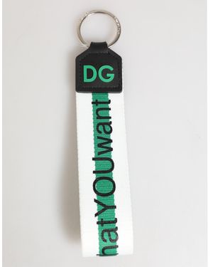Dolce & Gabbana Green Logo Polyester Silver Brass Holder Keychain Keyring
