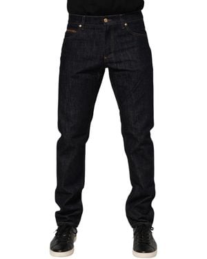 Dolce & Gabbana Dark Blue Cotton Logo Plaque Men Denim Jeans - Black