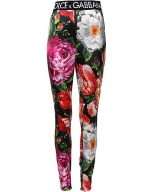 Dolce & Gabbana Multicolor Floral Legging Stretch Waist Pants - Red