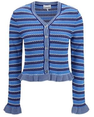 Ganni Striped Cotton Cardigan - Blue