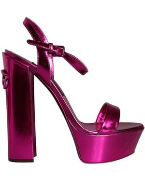 Dolce & Gabbana Fuchsia Leather Platform Logo Keira Sandals Shoes - Purple