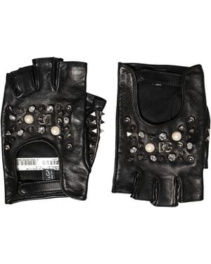 Dolce & Gabbana Embellished Wrist Length Mitten Gloves Genuine Leather - Black